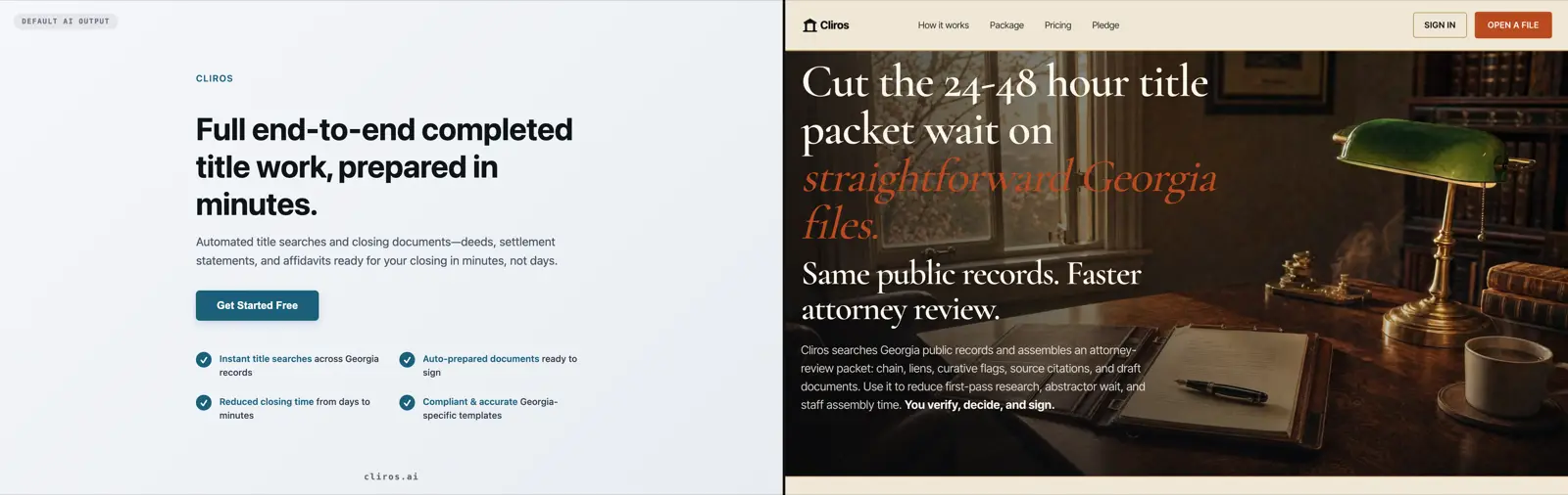 Cliros landing page: default AI output vs the same page with the Fable Design System