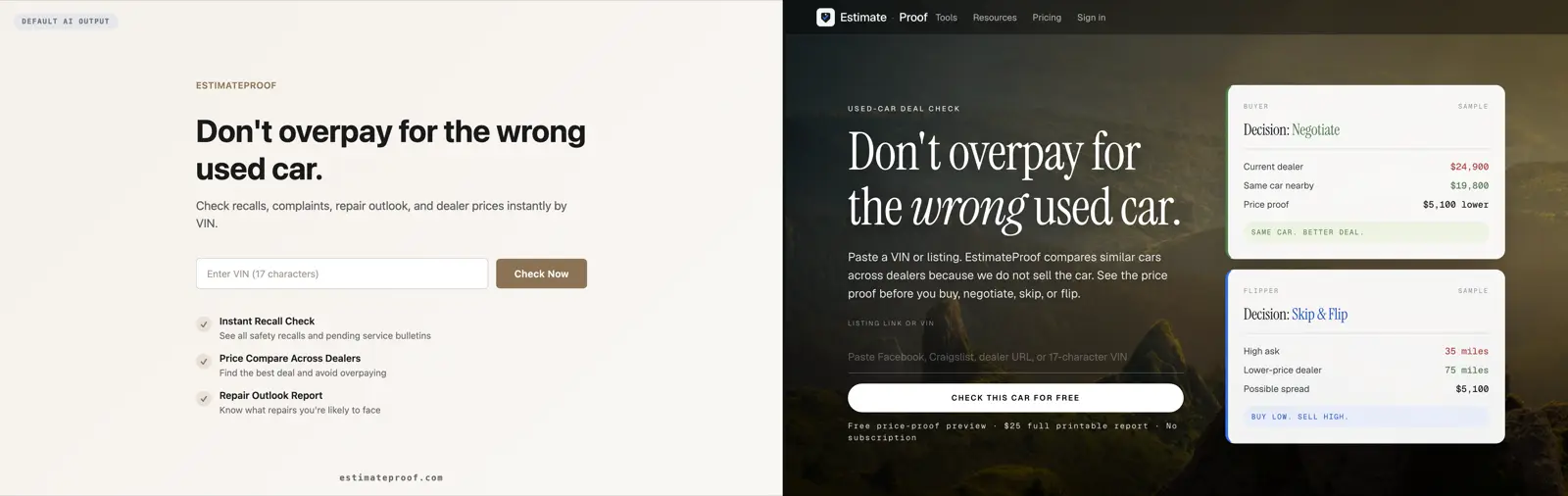 EstimateProof landing page: default AI output vs the same page with the Fable Design System