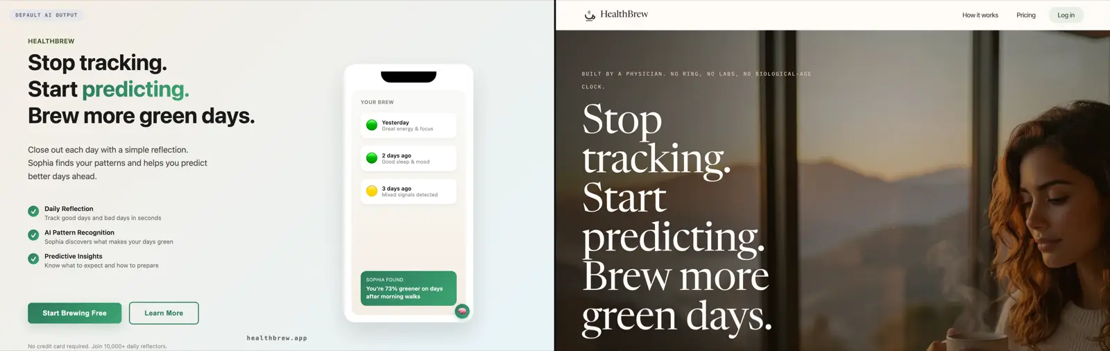 HealthBrew landing page: default AI output vs the same page with the Fable Design System