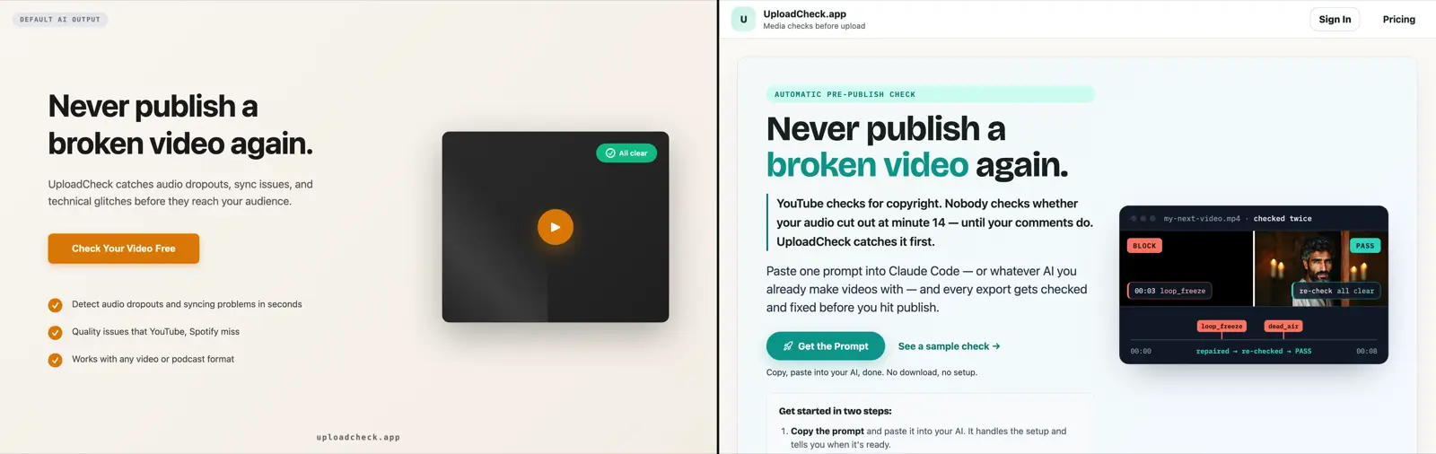 UploadCheck landing page: default AI output vs the same page with the Fable Design System